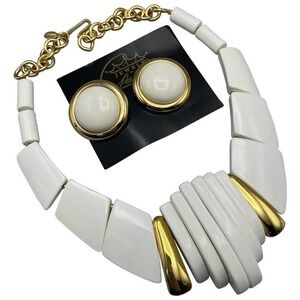 Vintage Park Lane Summer‎ White Statement Modernist Bib Necklace Earrings Set